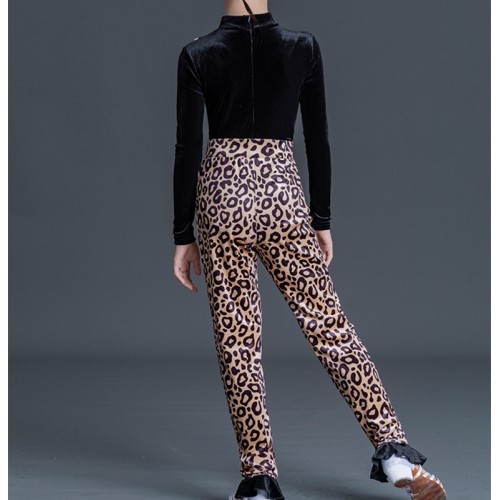 Girls kids Black with leopard velvet latin dance dress ballroom latin dance leotard tops and long pants for children 